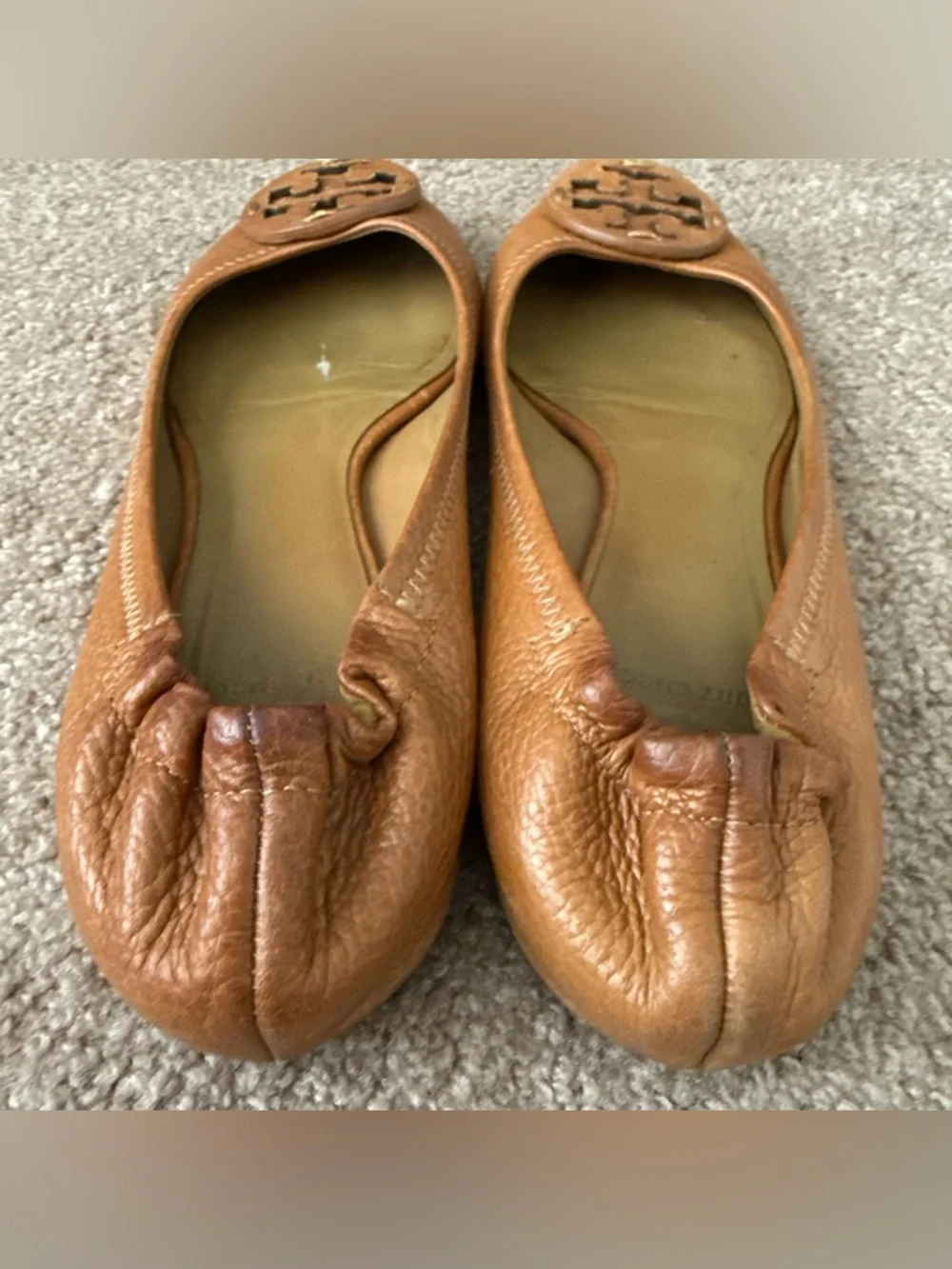 Tory Burch Reva Pebbled Leather Ballet Flats Royal Tan Camel Women Shoe